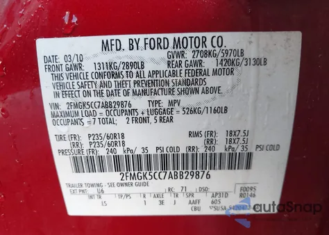 2010 Ford Flex Sel from USA, damaged, VIN 2FMGK5CC7ABB29876
